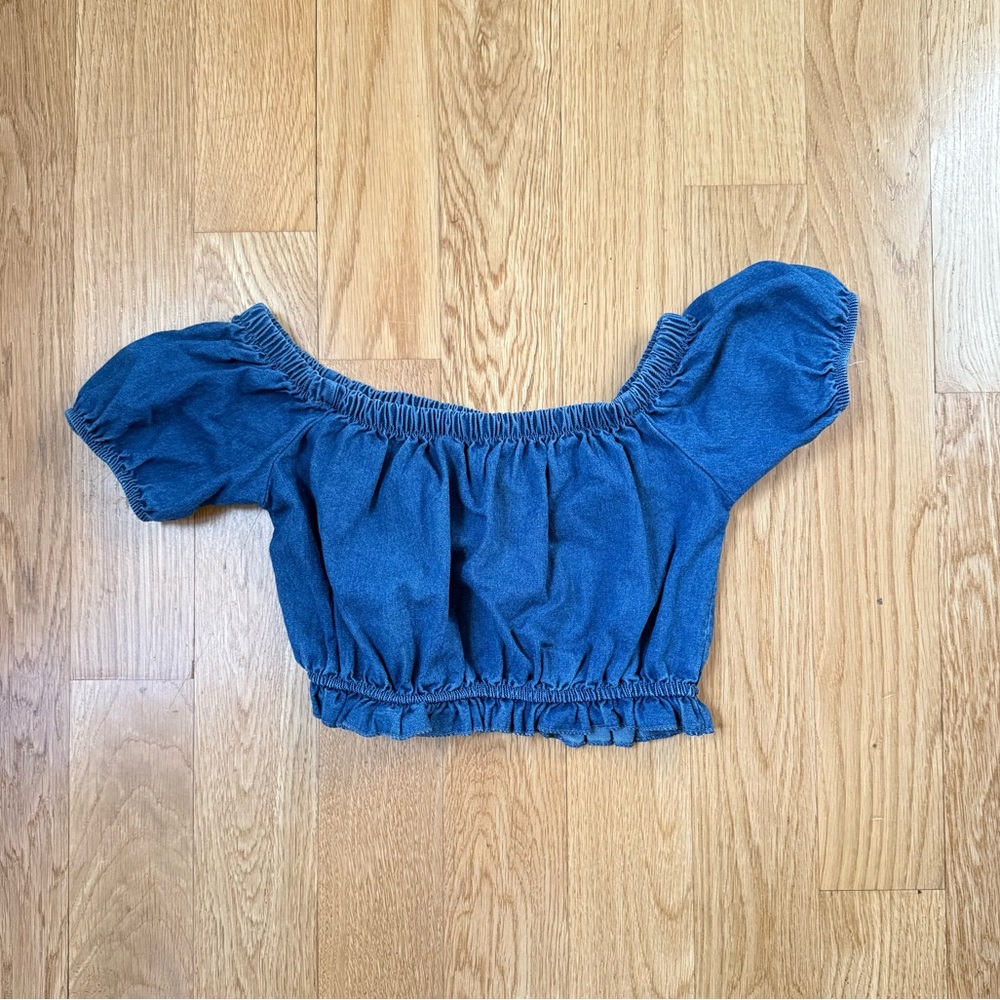 Faux-Denim Off-Shoulder Crop Top